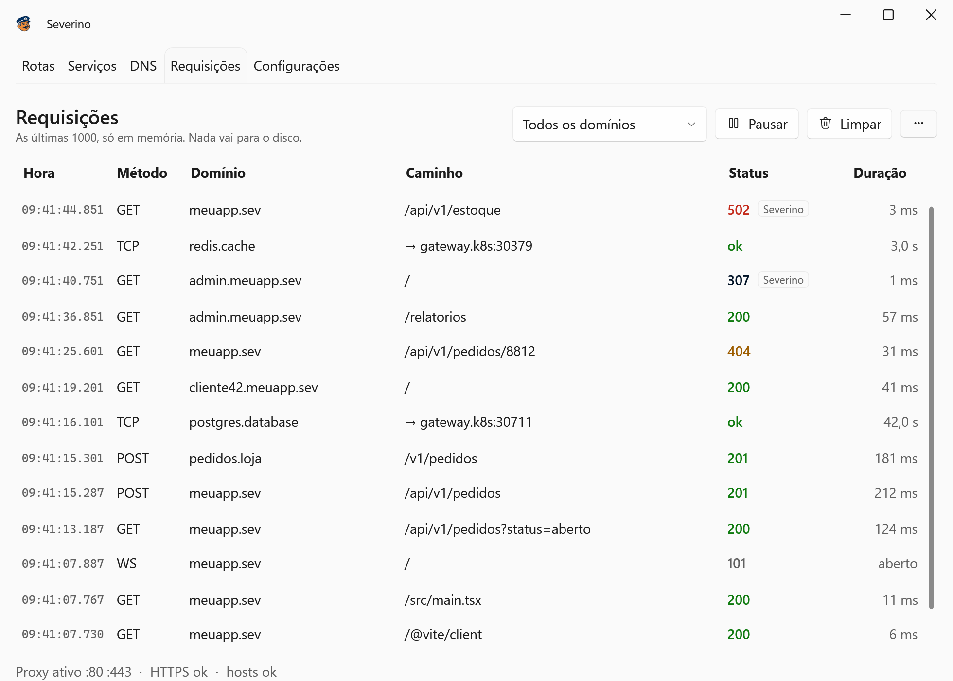 A aba Requisições, com chamadas para meuapp.sev e admin.meuapp.sev, a chamada da API a pedidos.loja, um WebSocket aberto e conexões TCP para postgres.database e redis.cache.