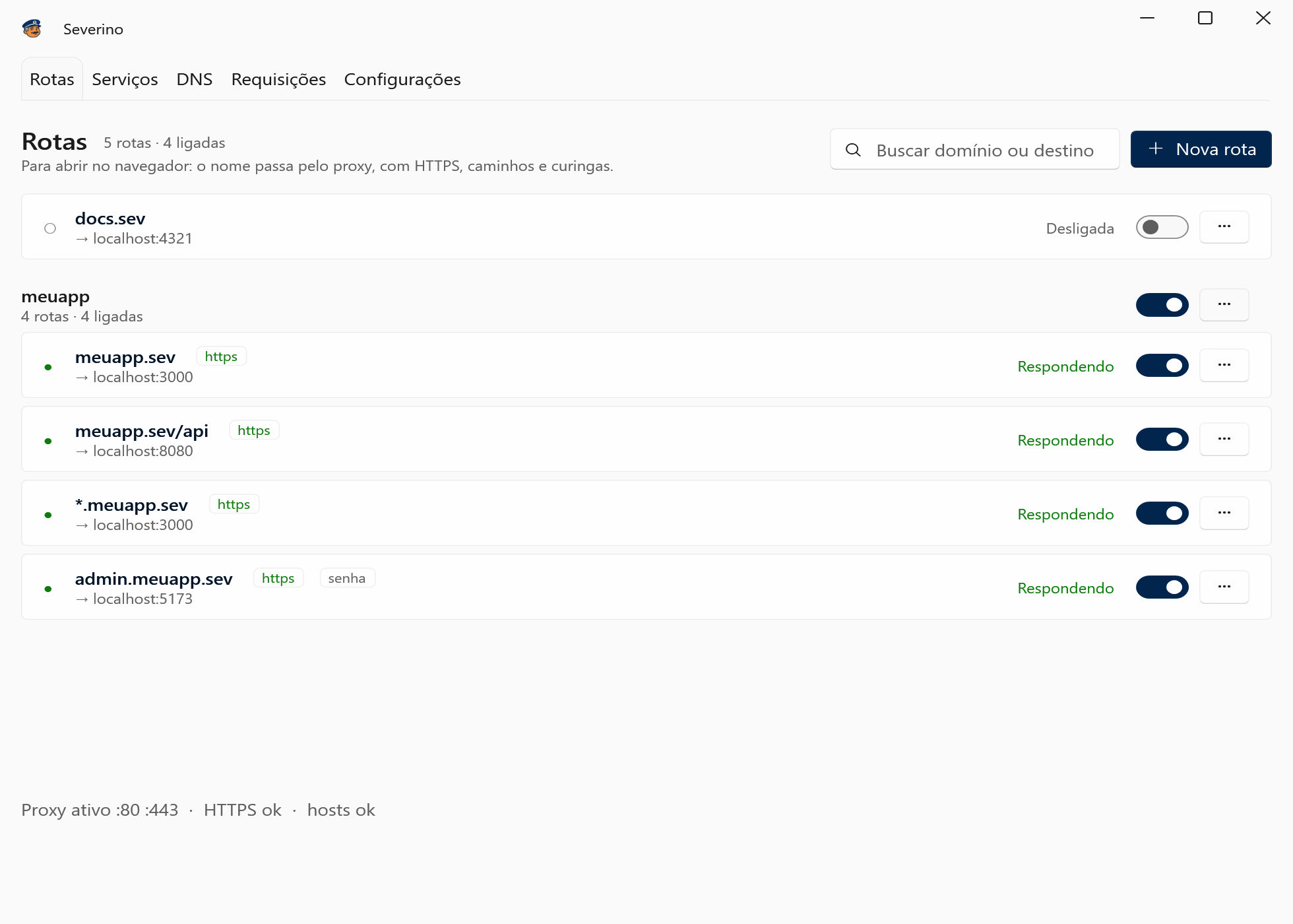 A aba Rotas: docs.sev desligada e o grupo meuapp com meuapp.sev, meuapp.sev/api, o curinga *.meuapp.sev e admin.meuapp.sev atrás de senha, todos respondendo com HTTPS.