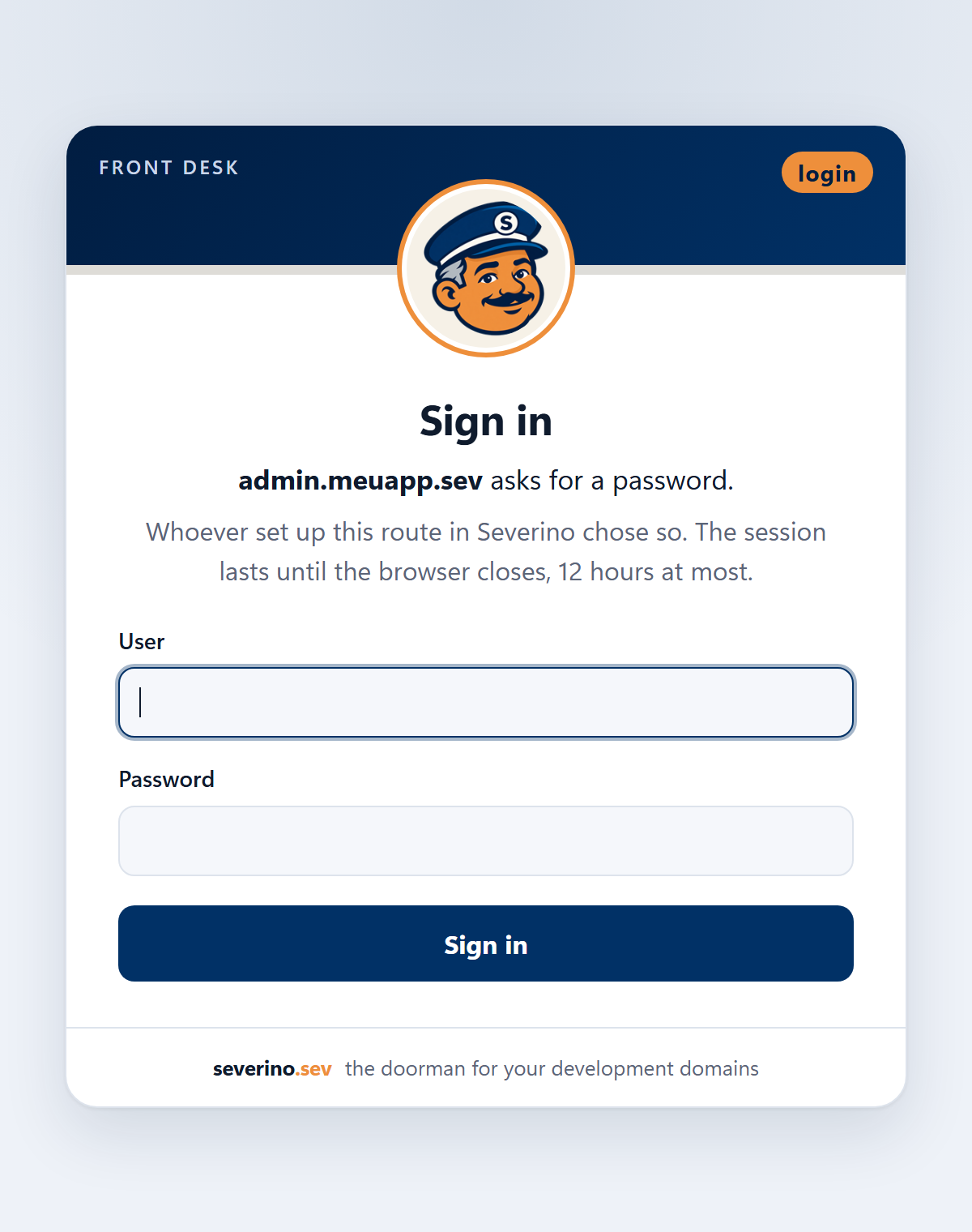 Severino's sign-in page for admin.meuapp.sev, with the doorman, the user and password fields and the Sign in button.