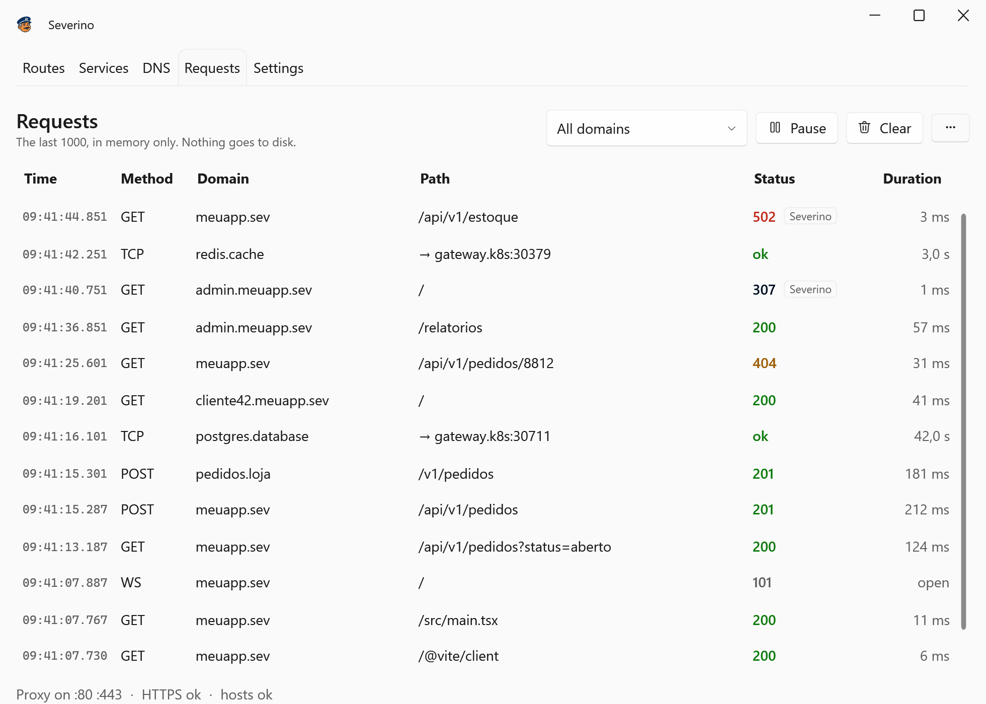 The Requests tab, with calls to meuapp.sev and admin.meuapp.sev, the API's call to pedidos.loja, an open WebSocket and TCP connections to postgres.database and redis.cache.