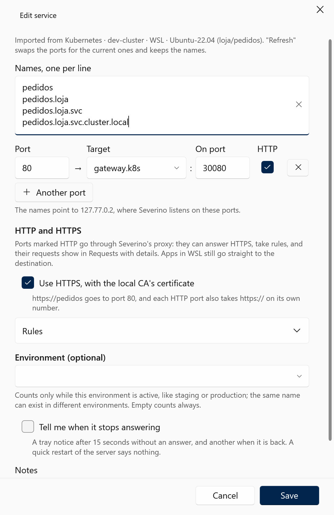 The Edit service form for pedidos: port 80 to gateway.k8s:30080 marked HTTP, and the HTTP and HTTPS section with Use HTTPS on: https://pedidos goes to port 80.
