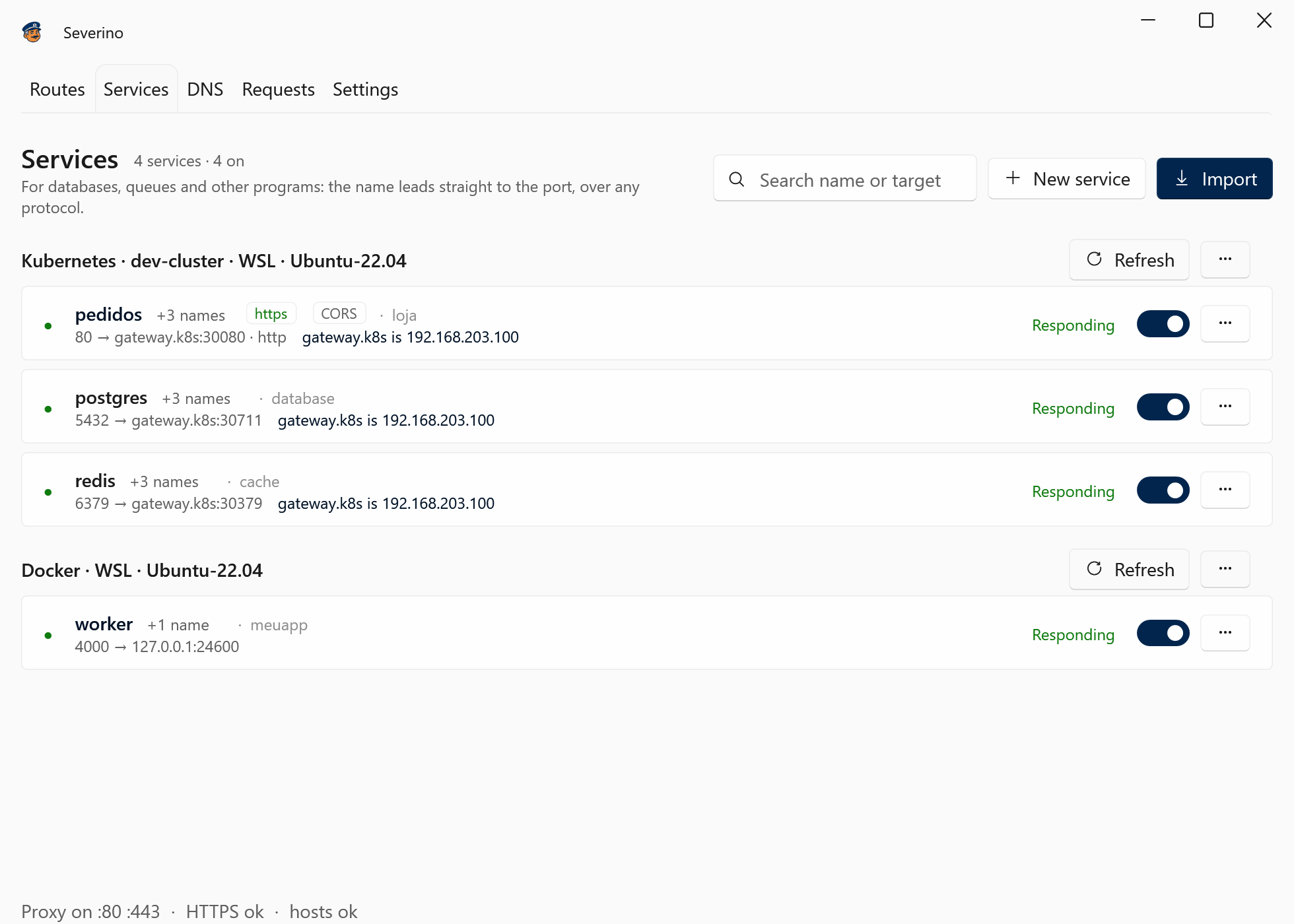 The Services tab: pedidos over HTTPS with CORS, postgres and redis from Kubernetes through gateway.k8s, and worker from Docker, all responding.