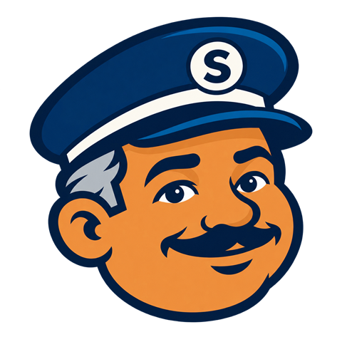 Severino, the doorman, with a blue cap and a moustache.